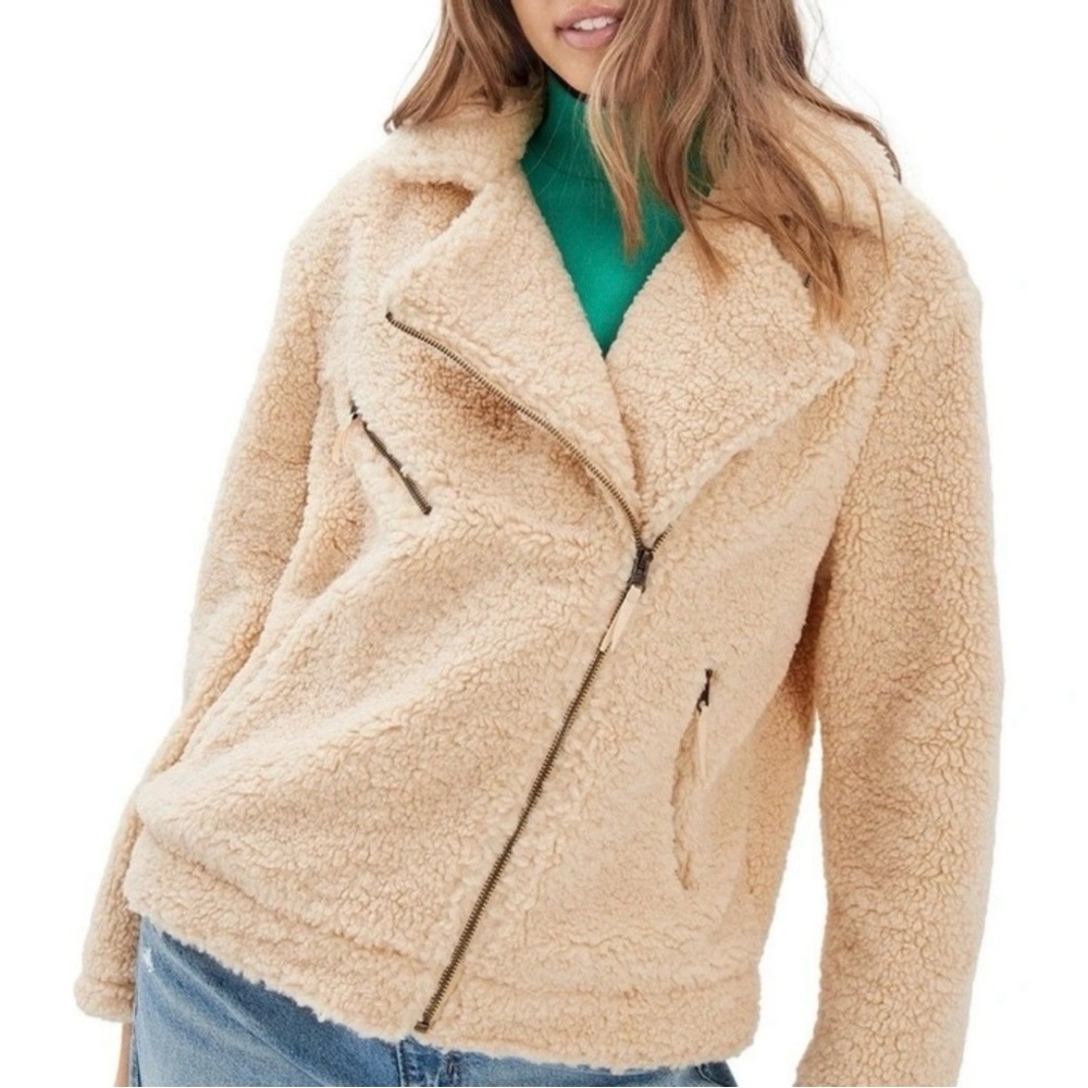 American Eagle Womens M Beige Faux‎ Fur Sherpa Full Zip Moto Jacket Zip Pocket